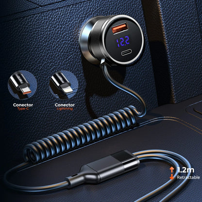 Incarcator auto Timebox, Super Fast-Charge 52,5W, 1 x USB QC 3,0, 1 x USB-C, 1 x Cablu Spiralat Lightning, 1 x Type-C, LED Inteligent, Universal, Negru - 221.ro