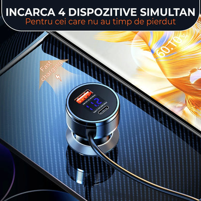 Incarcator auto Timebox, Super Fast-Charge 52,5W, 1 x USB QC 3,0, 1 x USB-C, 1 x Cablu Spiralat Lightning, 1 x Type-C, LED Inteligent, Universal, Negru - 221.ro