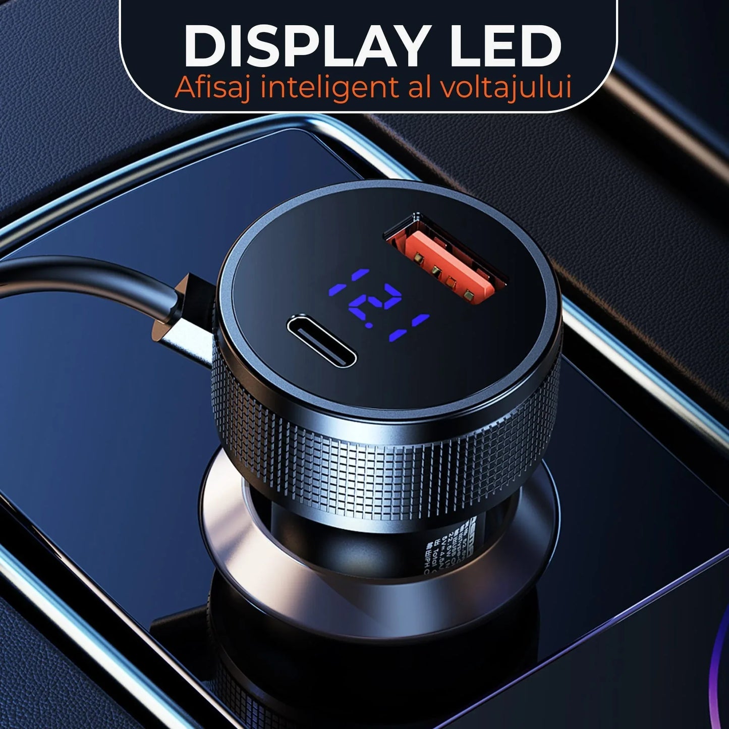 Incarcator auto Timebox, Super Fast-Charge 52,5W, 1 x USB QC 3,0, 1 x USB-C, 1 x Cablu Spiralat Lightning, 1 x Type-C, LED Inteligent, Universal, Negru - 221.ro