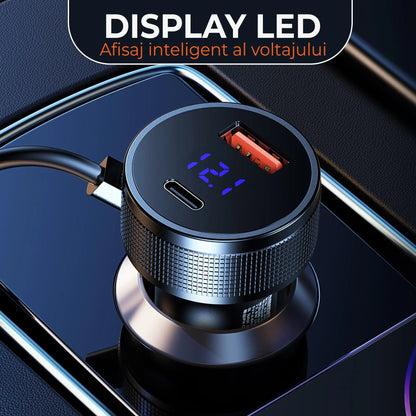 Incarcator auto Timebox, Super Fast-Charge 52,5W, 1 x USB QC 3,0, 1 x USB-C, 1 x Cablu Spiralat Lightning, 1 x Type-C, LED Inteligent, Universal, Negru - 221.ro