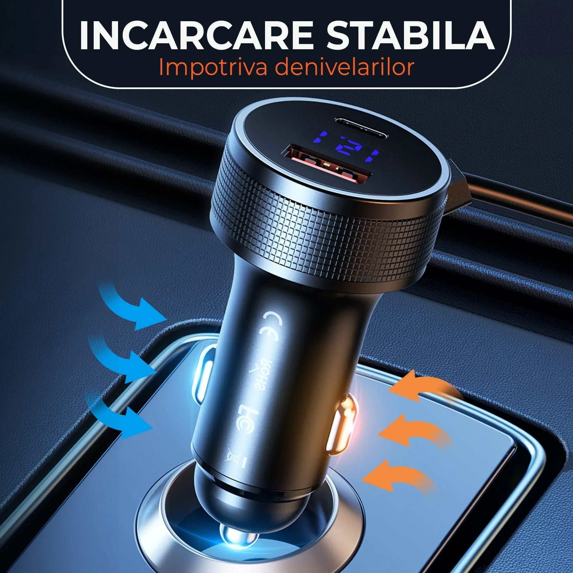 Incarcator auto Timebox, Super Fast-Charge 52,5W, 1 x USB QC 3,0, 1 x USB-C, 1 x Cablu Spiralat Lightning, 1 x Type-C, LED Inteligent, Universal, Negru - 221.ro