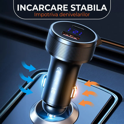 Incarcator auto Timebox, Super Fast-Charge 52,5W, 1 x USB QC 3,0, 1 x USB-C, 1 x Cablu Spiralat Lightning, 1 x Type-C, LED Inteligent, Universal, Negru - 221.ro