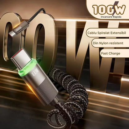 Cablu de Incarcare si Transfer de Date 100W, Timebox, Fast Charge, 480Mbps, 1,8m, LED Inteligent, Nylon, USB-C la Type-C, Negru - 221.ro