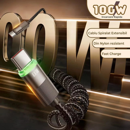 Cablu de Incarcare si Transfer de Date 100W, Timebox, Fast Charge, 480Mbps, 1,8m, LED Inteligent, Nylon, USB-C la Type-C, Negru - 221.ro