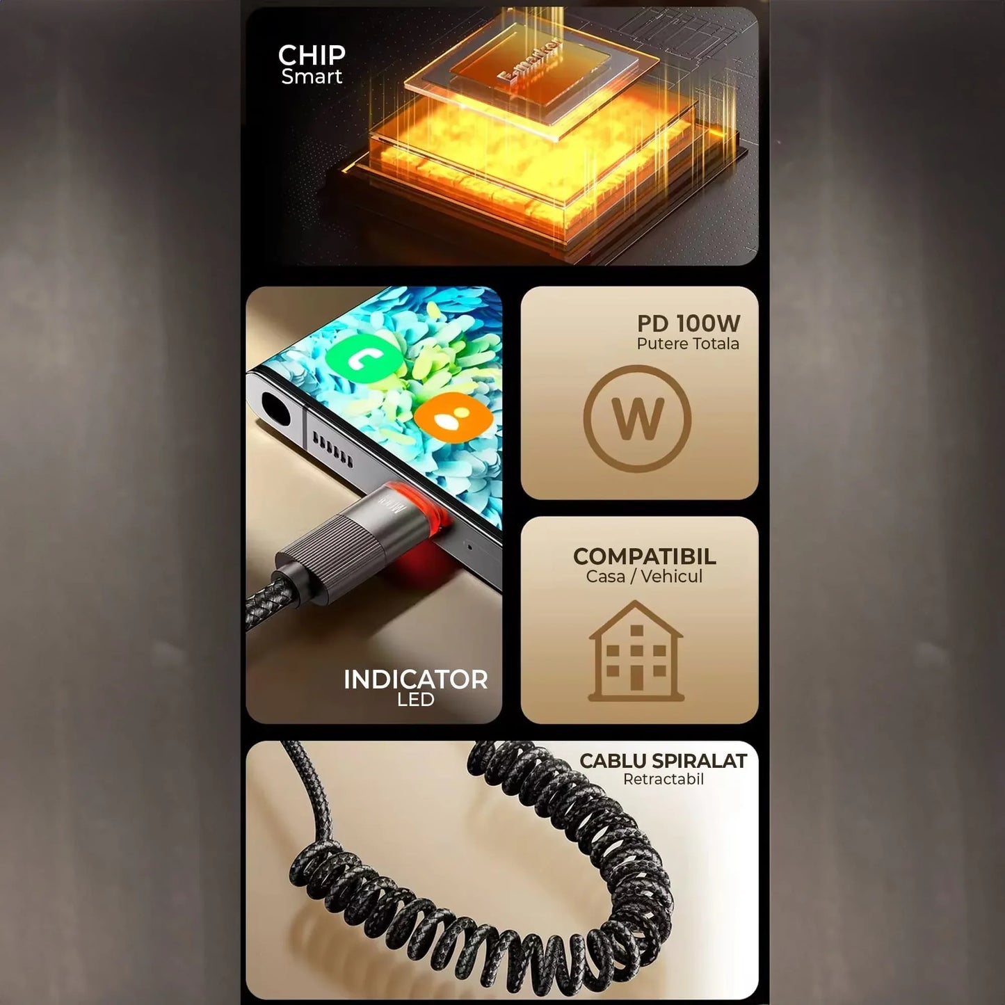 Cablu de Incarcare si Transfer de Date 100W, Timebox, Fast Charge, 480Mbps, 1,8m, LED Inteligent, Nylon, USB-C la Type-C, Negru - 221.ro