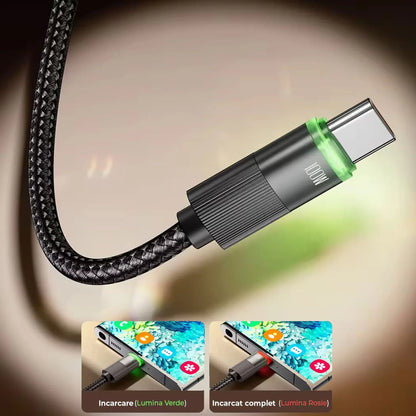 Cablu de Incarcare si Transfer de Date 100W, Timebox, Fast Charge, 480Mbps, 1,8m, LED Inteligent, Nylon, USB-C la Type-C, Negru - 221.ro