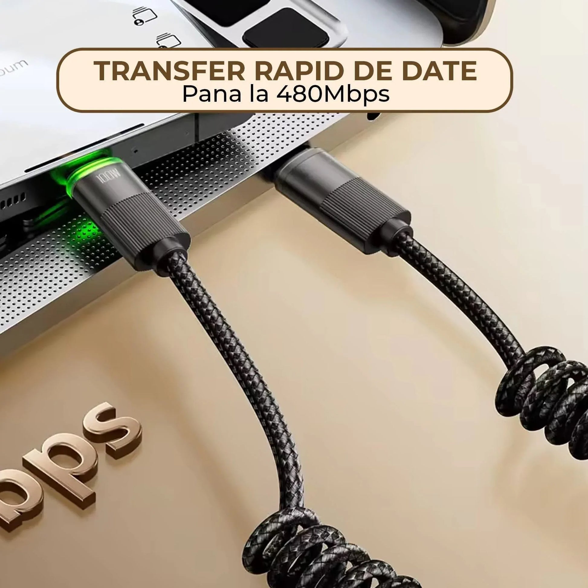 Cablu de Incarcare si Transfer de Date 100W, Timebox, Fast Charge, 480Mbps, 1,8m, LED Inteligent, Nylon, USB-C la Type-C, Negru - 221.ro