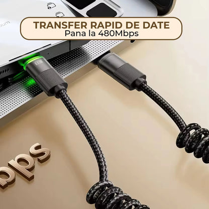 Cablu de Incarcare si Transfer de Date 100W, Timebox, Fast Charge, 480Mbps, 1,8m, LED Inteligent, Nylon, USB-C la Type-C, Negru - 221.ro