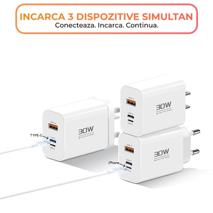 Incarcator Retea Timebox, 3 Porturi, 30W, 1 x Type-C, 1 x USB, Alb