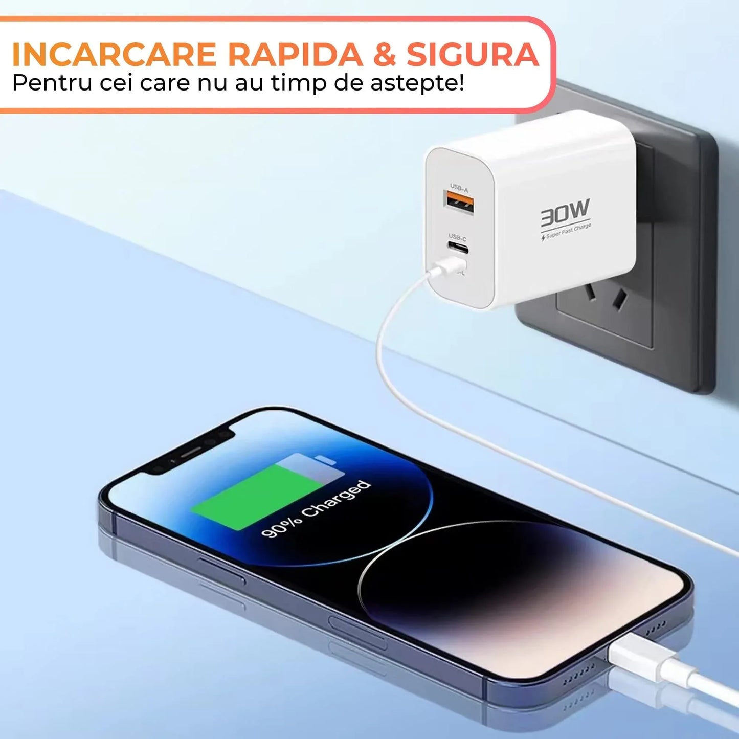 Incarcator Retea Timebox, 3 Porturi, 30W, 1 x Type-C, 1 x USB, Alb