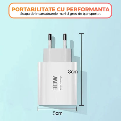 Incarcator Retea Timebox, 3 Porturi, 30W, 1 x Type-C, 1 x USB, Alb