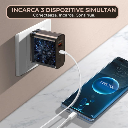 Incarcator Retea Timebox, 2 Porturi, 38W, 1 x Type-C, 1 x USB , C 3, Negru