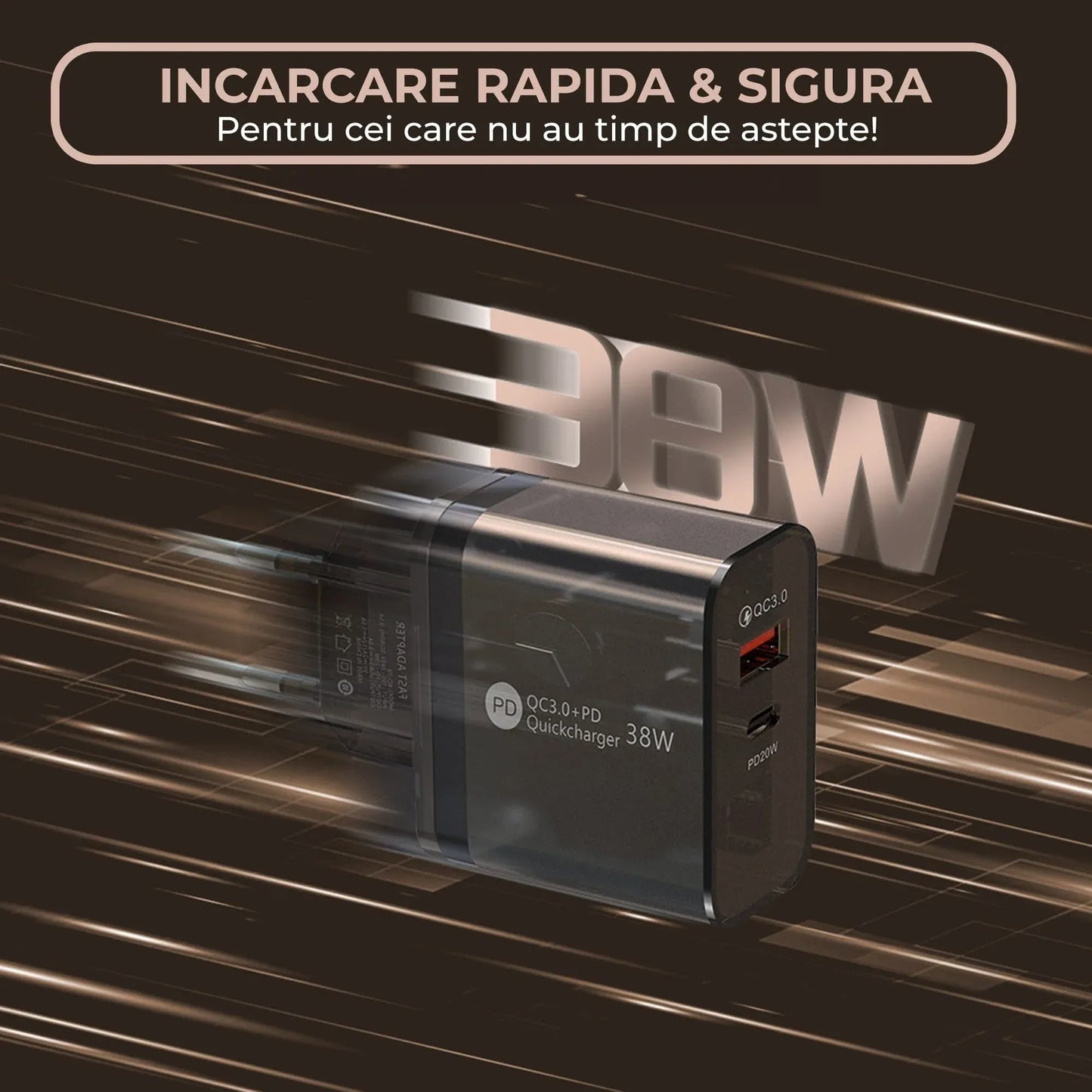 Incarcator Retea Timebox, 2 Porturi, 38W, 1 x Type-C, 1 x USB , C 3, Negru