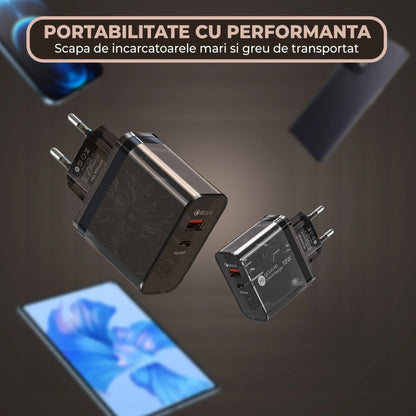Incarcator Retea Timebox, 2 Porturi, 38W, 1 x Type-C, 1 x USB , C 3, Negru