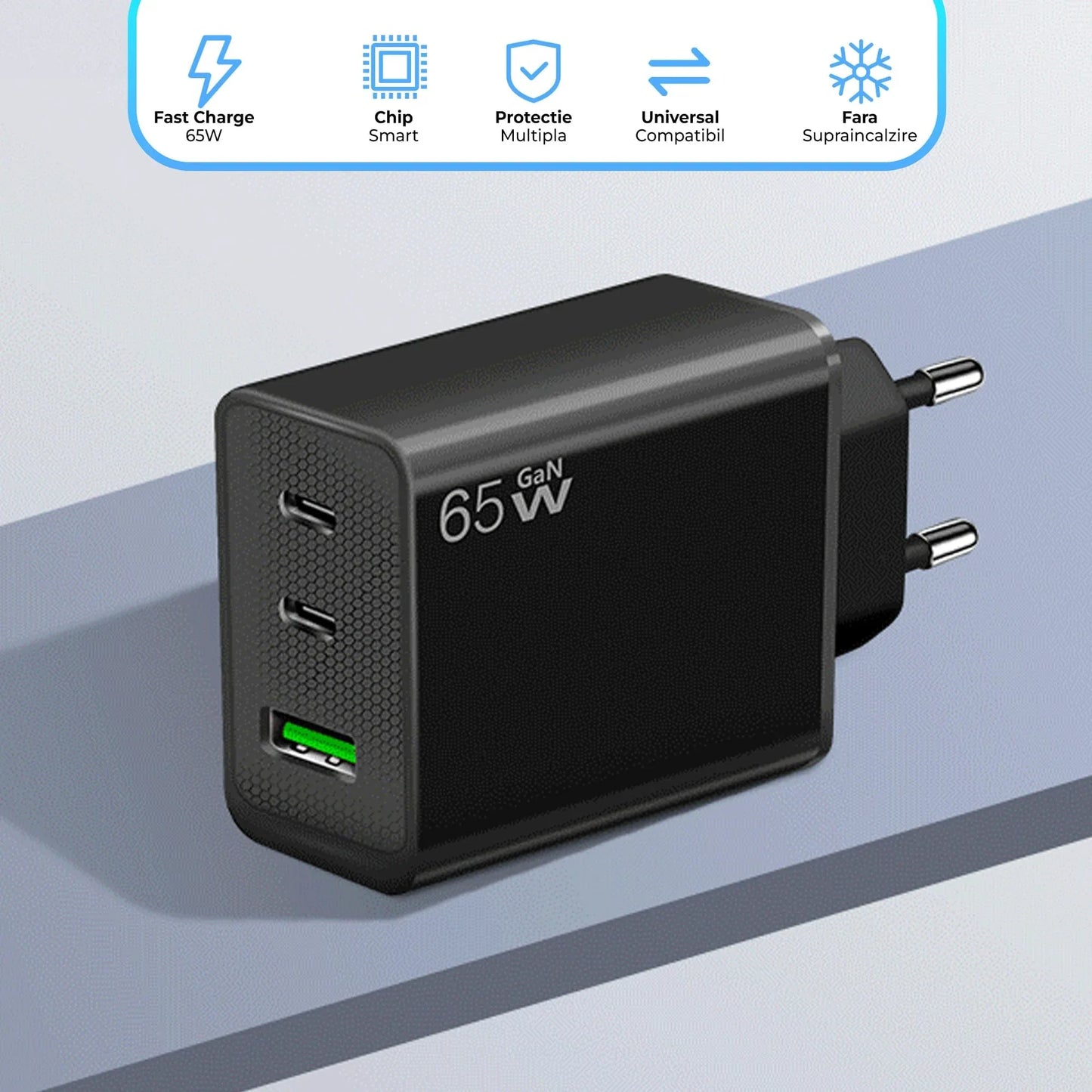Incarcator Retea Timebox, 3 Porturi, 65W, 2 x Type-C, 1 x USB, Negru
