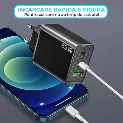 Incarcator Retea Timebox, 3 Porturi, 65W, 2 x Type-C, 1 x USB, Negru