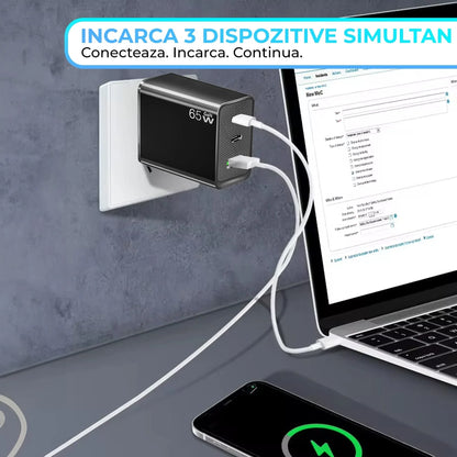 Incarcator Retea Timebox, 3 Porturi, 65W, 2 x Type-C, 1 x USB, Negru