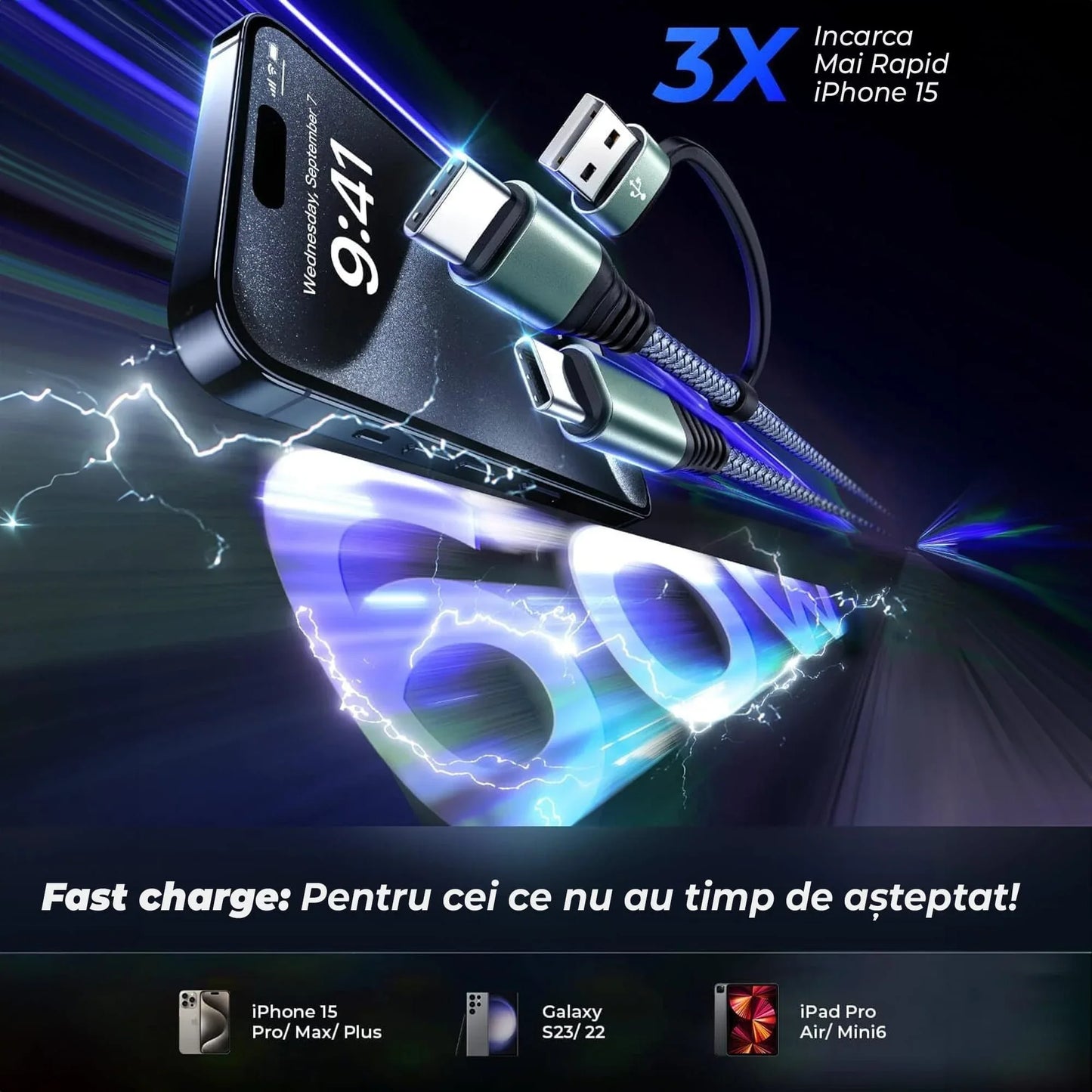 Cablu de incarcare 2 in 1 si transfer de date Fast Charge 65W, 2m, USB-C, Negru