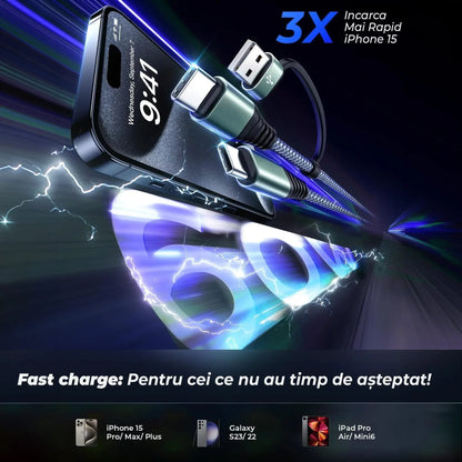 Cablu de incarcare 2 in 1 si transfer de date Fast Charge 65W, 2m, USB-C, Negru