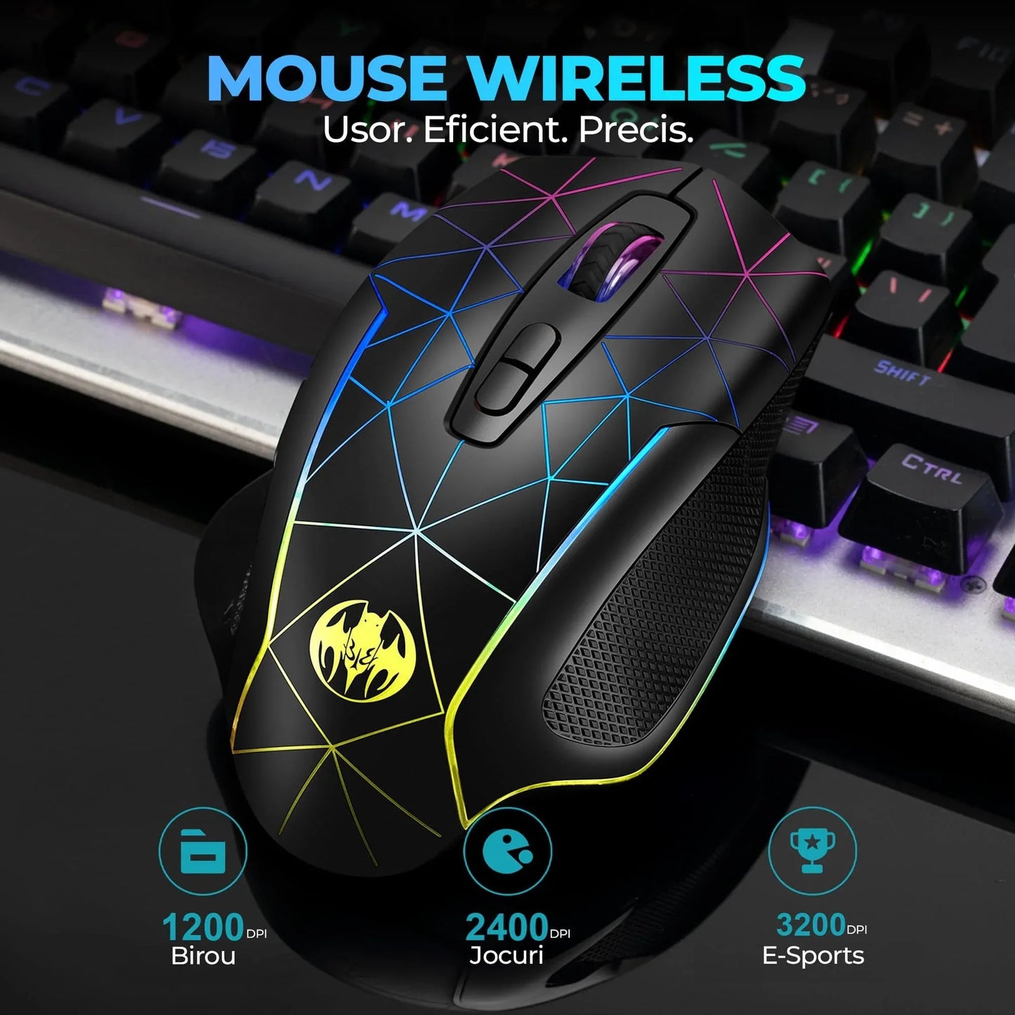 Mouse gaming Wireless cu Jiggler Timebox, 1600DPI, USB Reciver, RGB Led, Negru