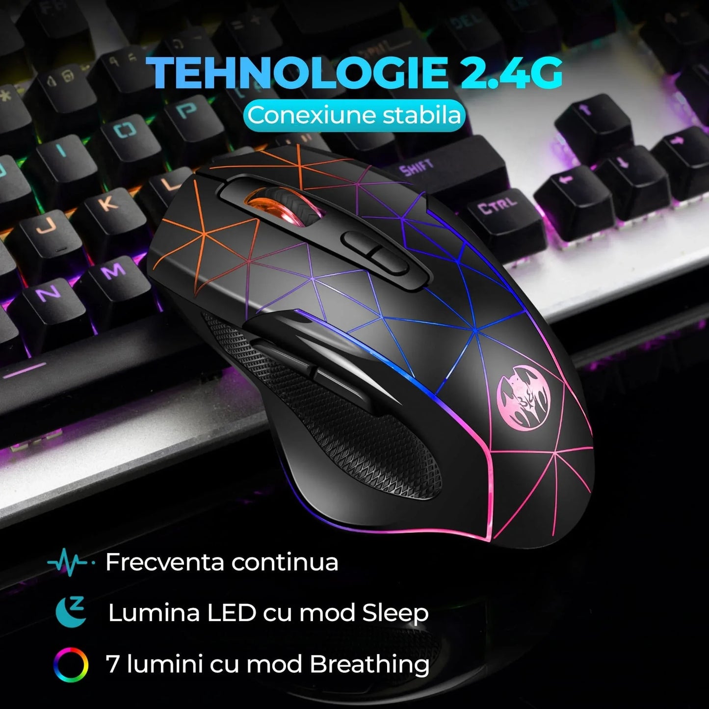Mouse gaming Wireless cu Jiggler Timebox, 1600DPI, USB Reciver, RGB Led, Negru