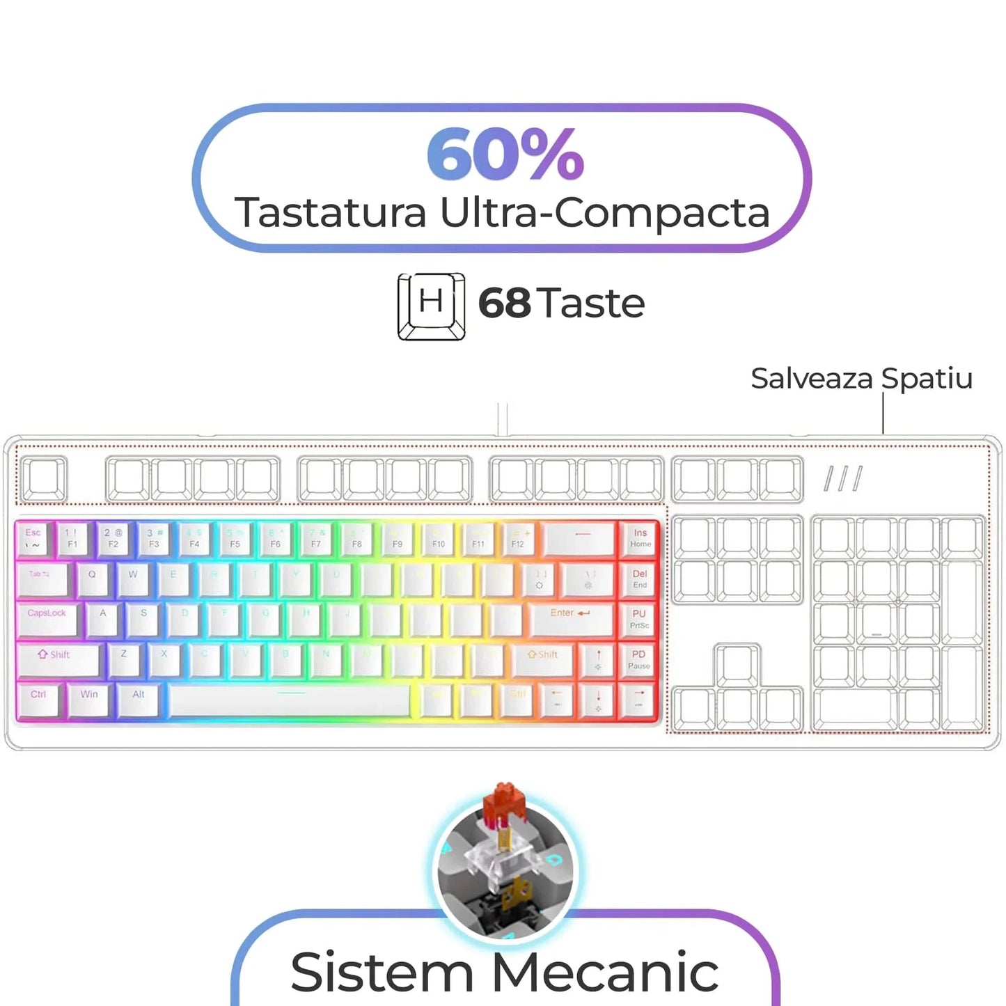 Tastatura Mecanica Gaming Timebox, 60%, iluminare RGB, 68 taste PBT Pudding, cu cablu Type-C, Red Swtich, Portabila, Alb - 221.ro