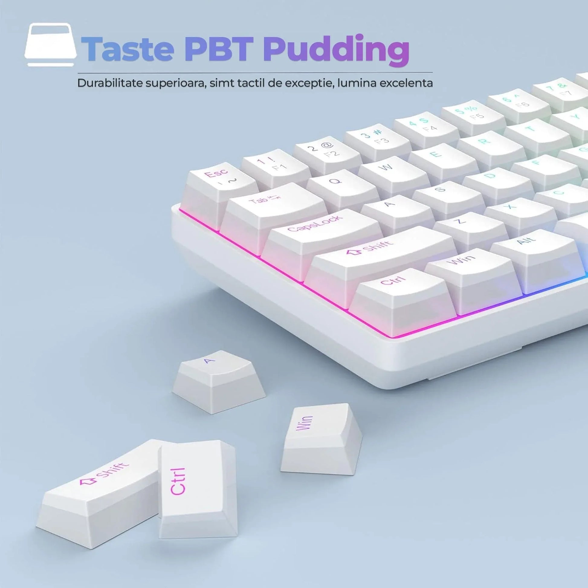 Tastatura Mecanica Gaming Timebox, 60%, iluminare RGB, 68 taste PBT Pudding, cu cablu Type-C, Red Swtich, Portabila, Alb - 221.ro