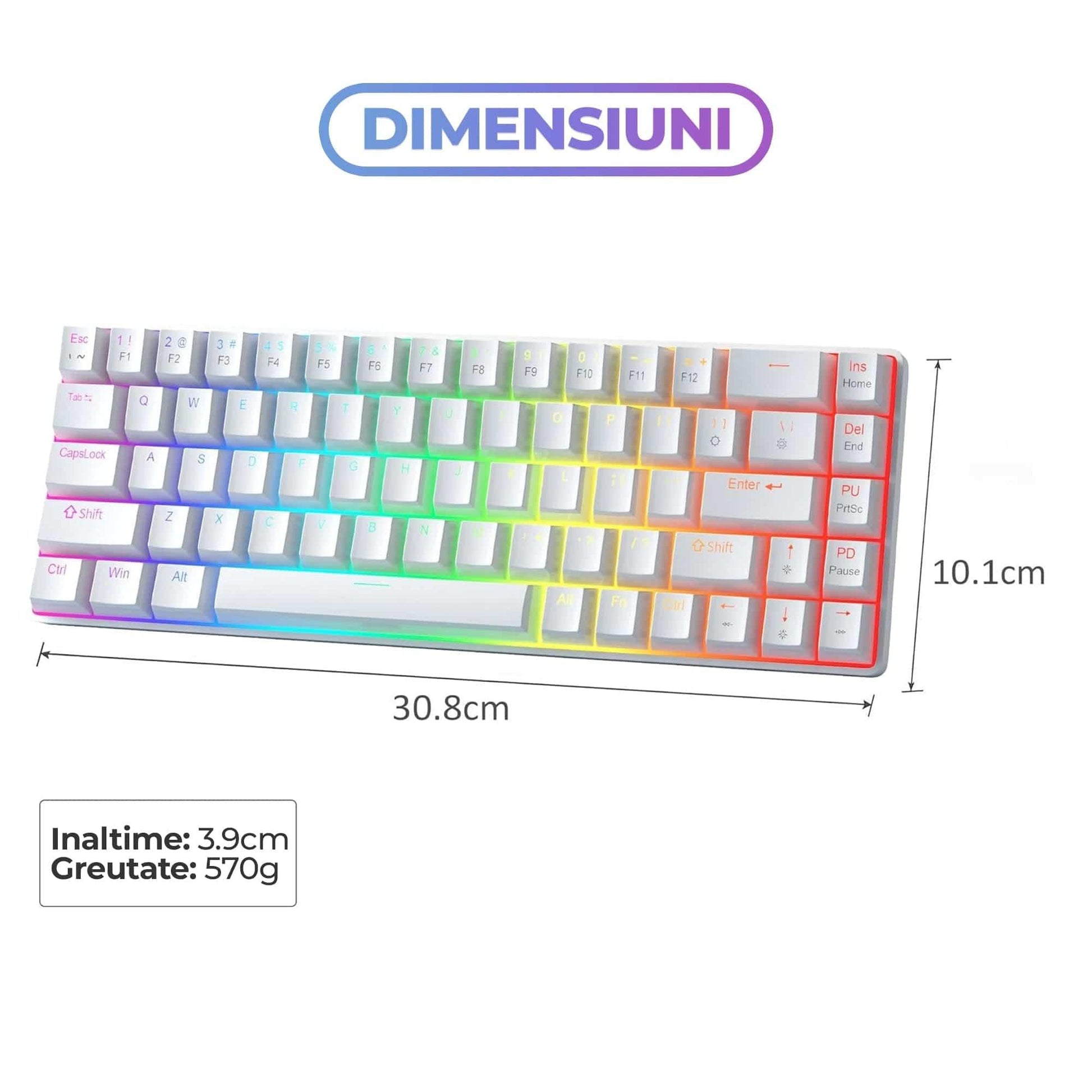 Tastatura Mecanica Gaming Timebox, 60%, iluminare RGB, 68 taste PBT Pudding, cu cablu Type-C, Red Swtich, Portabila, Alb - 221.ro