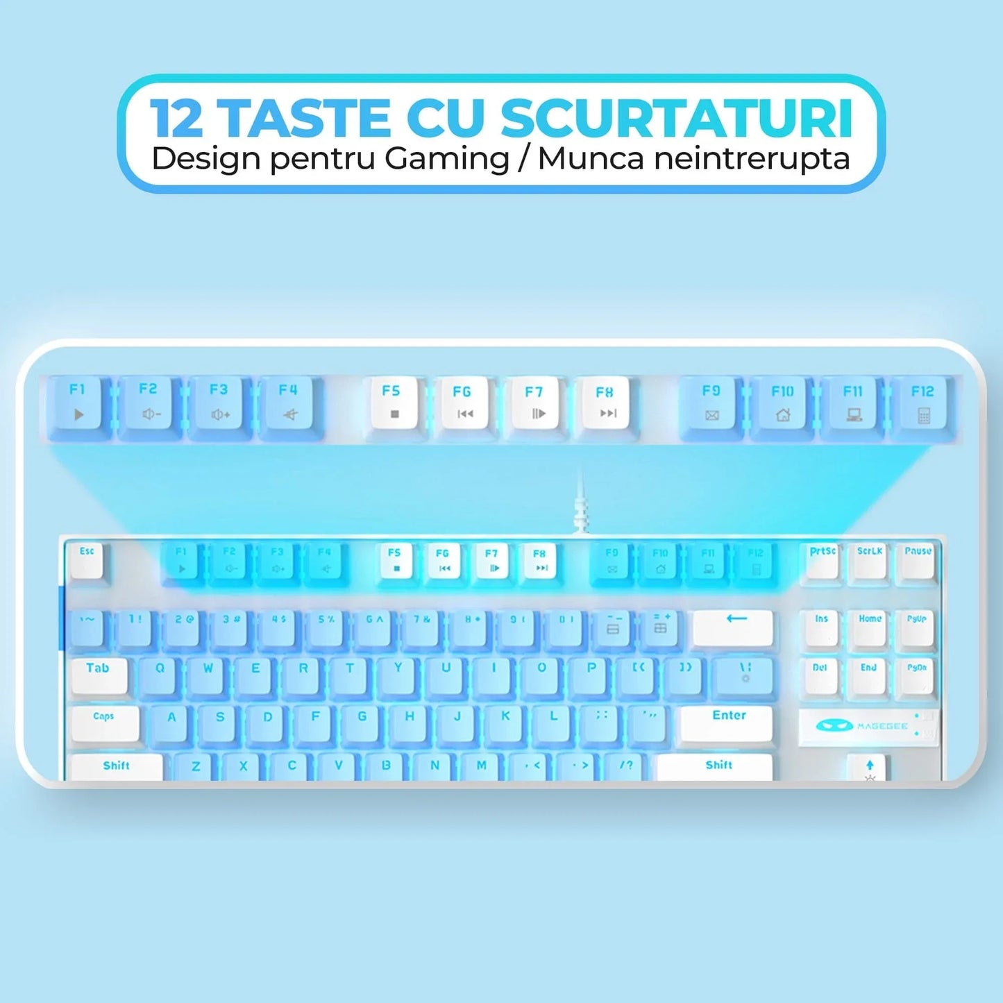 Tastatura Mecanica Gaming MageGee, 75%, iluminare LED, 87 taste TKL, cu fir, Blue Switch, Alb Albastru - 221.ro