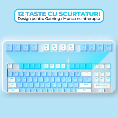 Tastatura Mecanica Gaming MageGee, 75%, iluminare LED, 87 taste TKL, cu fir, Blue Switch, Alb Albastru - 221.ro