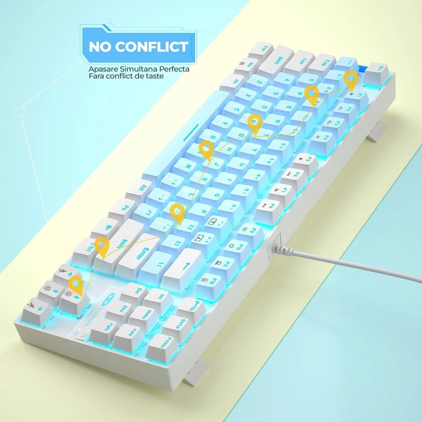 Tastatura Mecanica Gaming MageGee, 75%, iluminare LED, 87 taste TKL, cu fir, Blue Switch, Alb Albastru - 221.ro