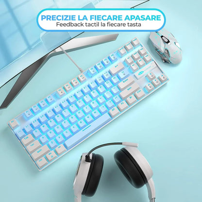 Tastatura Mecanica Gaming MageGee, 75%, iluminare LED, 87 taste TKL, cu fir, Blue Switch, Alb Albastru - 221.ro