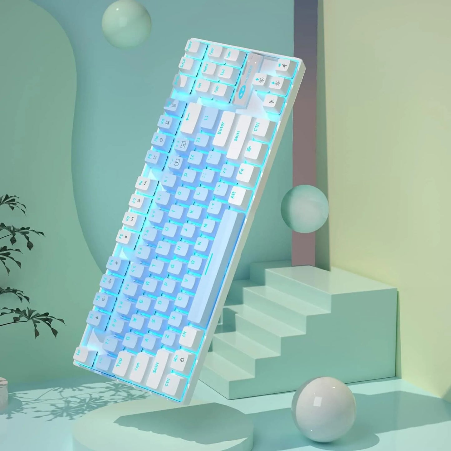 Tastatura Mecanica Gaming MageGee, 75%, iluminare LED, 87 taste TKL, cu fir, Blue Switch, Alb Albastru - 221.ro