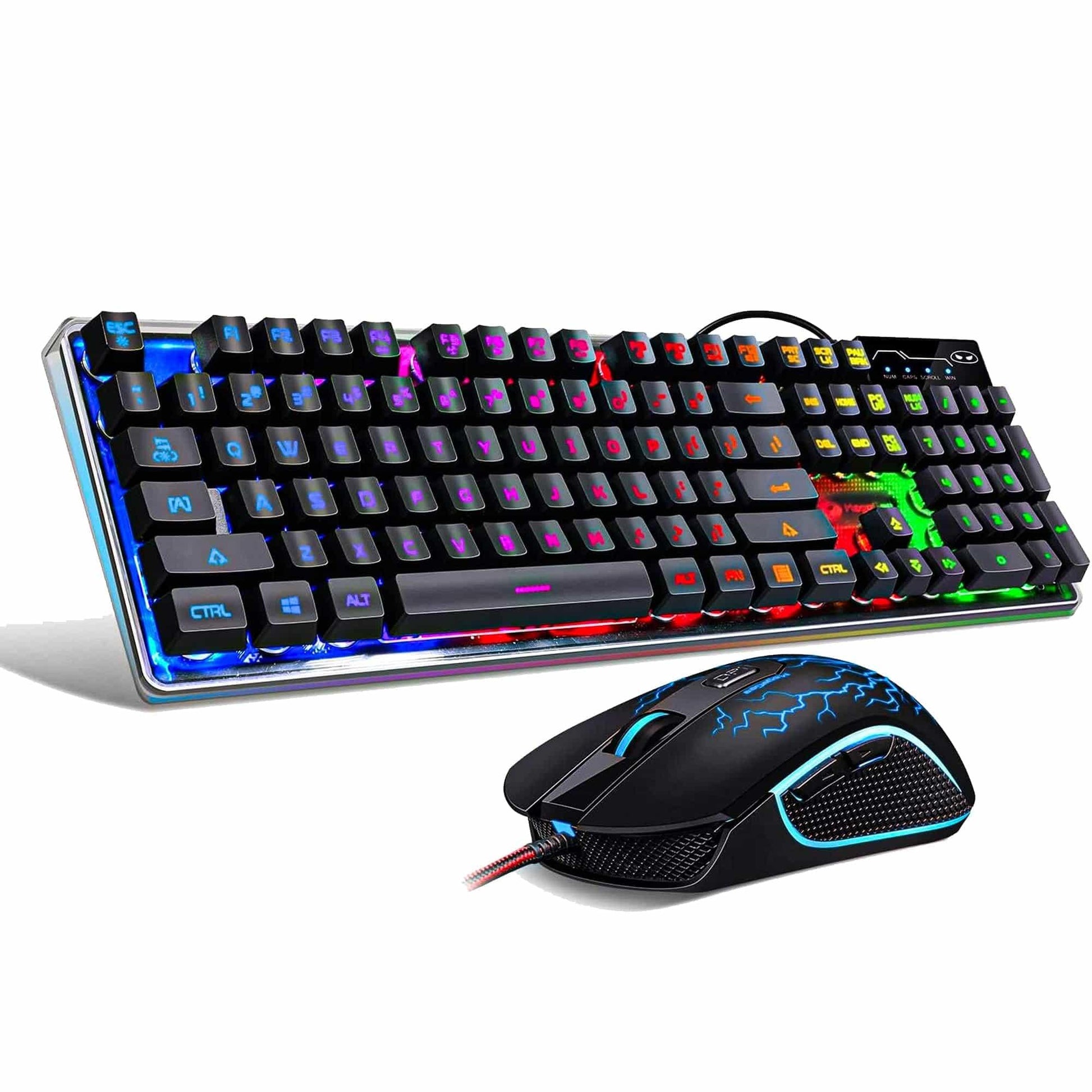 Kit Tastatura, Mouse Gaming RGB, 104 taste, cu fir, 7 culori si moduri de iluminare, Design Ergonomic, Baza metalica, Negru - 221.ro