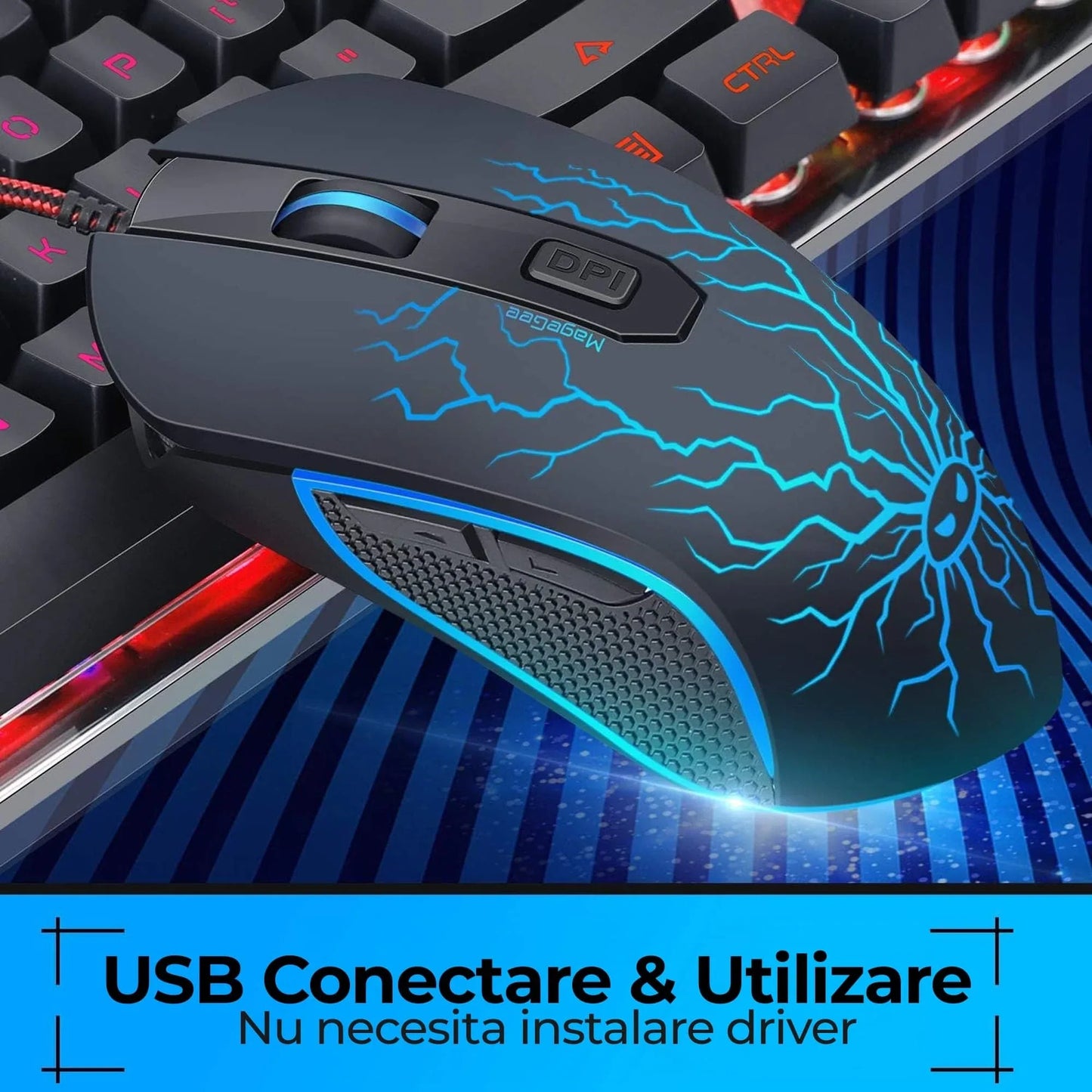Kit Tastatura, Mouse Gaming RGB, 104 taste, cu fir, 7 culori si moduri de iluminare, Design Ergonomic, Baza metalica, Negru - 221.ro