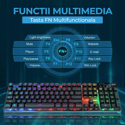 Kit Tastatura, Mouse Gaming RGB, 104 taste, cu fir, 7 culori si moduri de iluminare, Design Ergonomic, Baza metalica, Negru - 221.ro