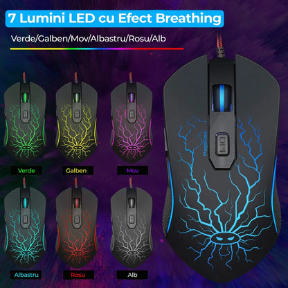 Kit Tastatura, Mouse Gaming RGB, 104 taste, cu fir, 7 culori si moduri de iluminare, Design Ergonomic, Baza metalica, Negru - 221.ro
