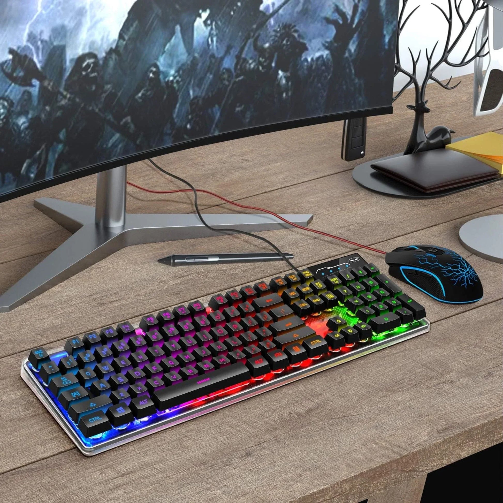 Kit Tastatura, Mouse Gaming RGB, 104 taste, cu fir, 7 culori si moduri de iluminare, Design Ergonomic, Baza metalica, Negru - 221.ro