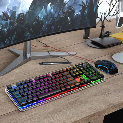 Kit Tastatura, Mouse Gaming RGB, 104 taste, cu fir, 7 culori si moduri de iluminare, Design Ergonomic, Baza metalica, Negru - 221.ro