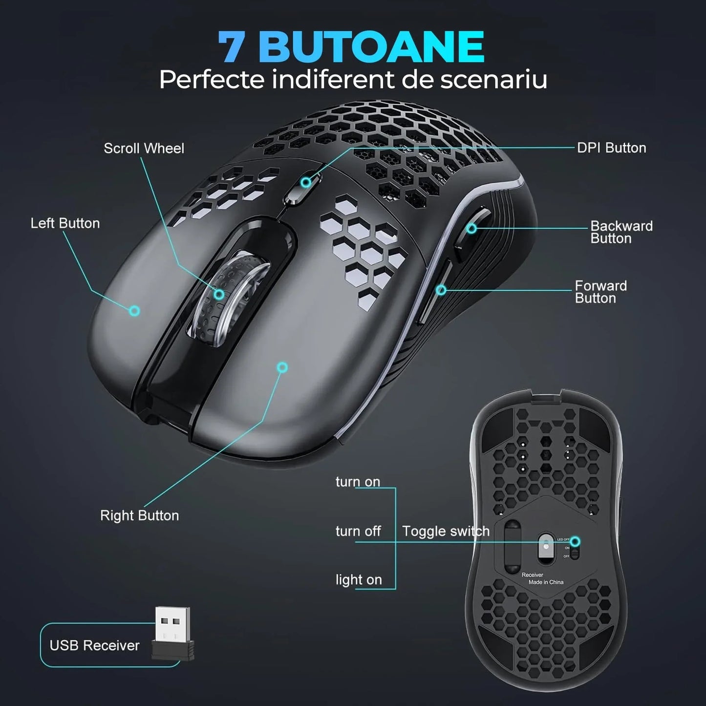 Mouse gaming wireless Timebox, 1600DPI, ultrausor 80g, USB Reciver 2, Negru