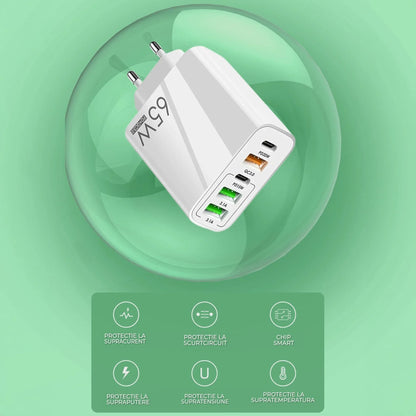 Incarcator Retea, 65W, 5 Porturi, 3 x USB, 2 x Type-C, Alb