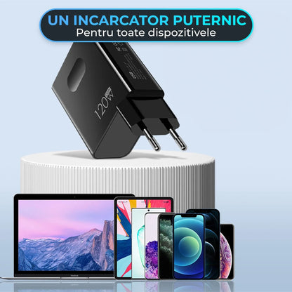 Incarcator Retea Timebox, 2 Porturi, 120W, 1 x Type-C, 1 x USB , C 3, Negru