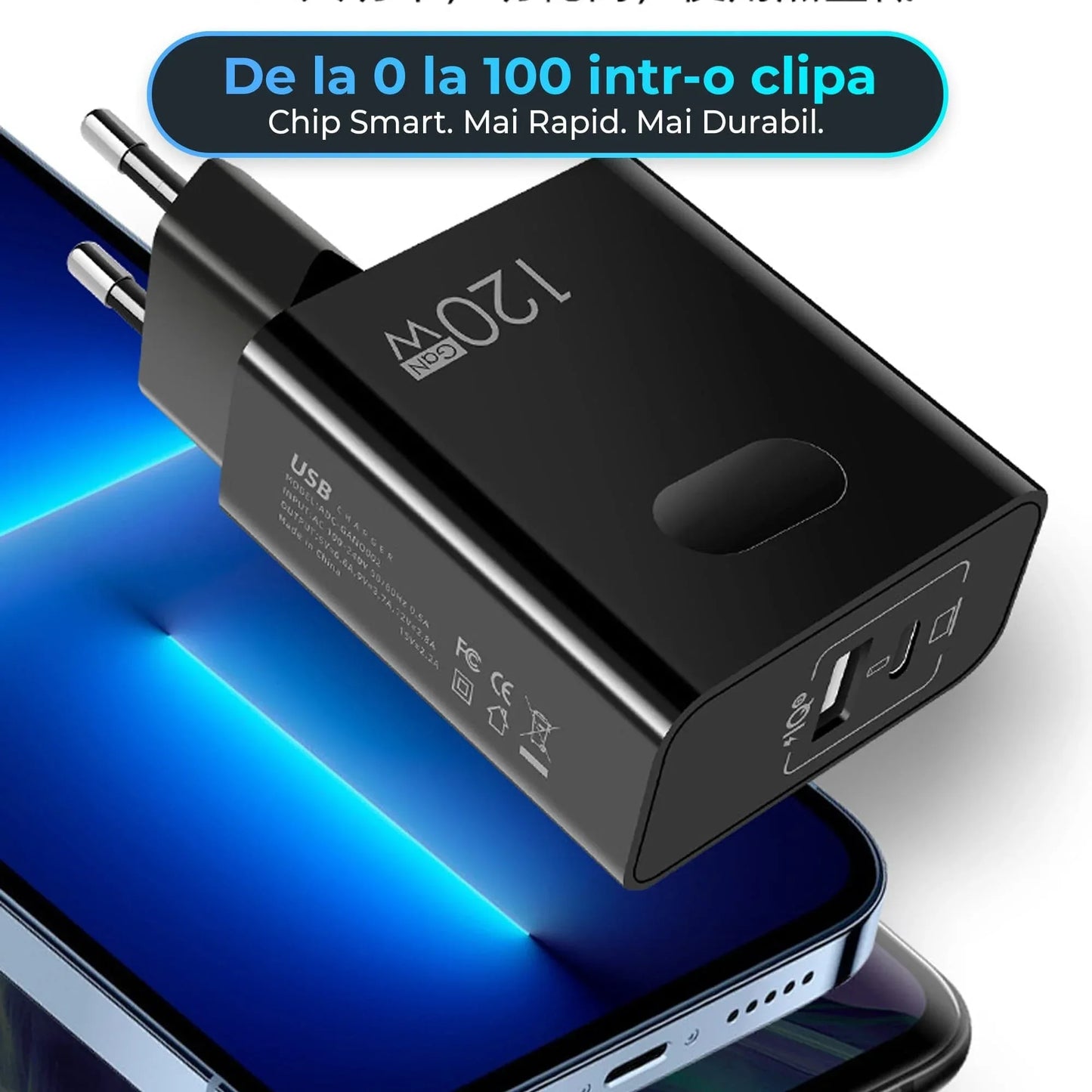 Incarcator Retea Timebox, 2 Porturi, 120W, 1 x Type-C, 1 x USB , C 3, Negru