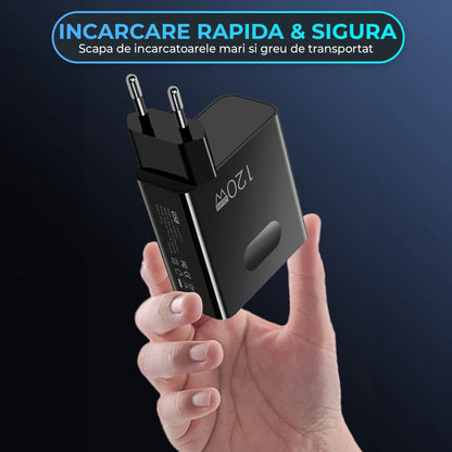 Incarcator Retea Timebox, 2 Porturi, 120W, 1 x Type-C, 1 x USB , C 3, Negru