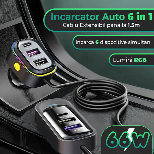 Incarcator auto 66W Super Fast Charge Timebox, 6 in 1, USB-C, USB, Negru