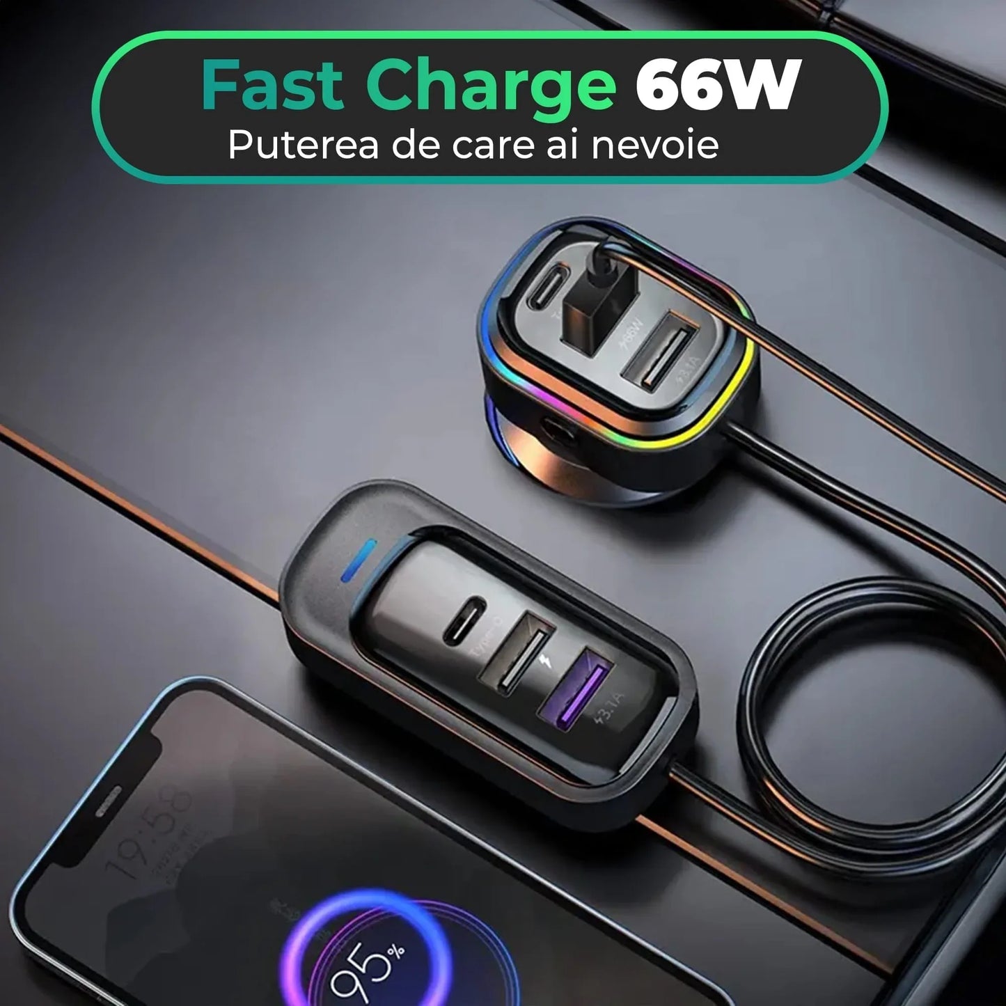 Incarcator auto 66W Super Fast Charge Timebox, 6 in 1, USB-C, USB, Negru