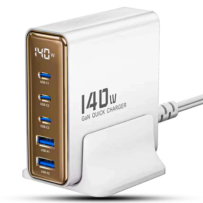 Incarcator Retea Timebox, 5 Porturi, 140W, 3 x Type-C, 2 x USB, Auriu