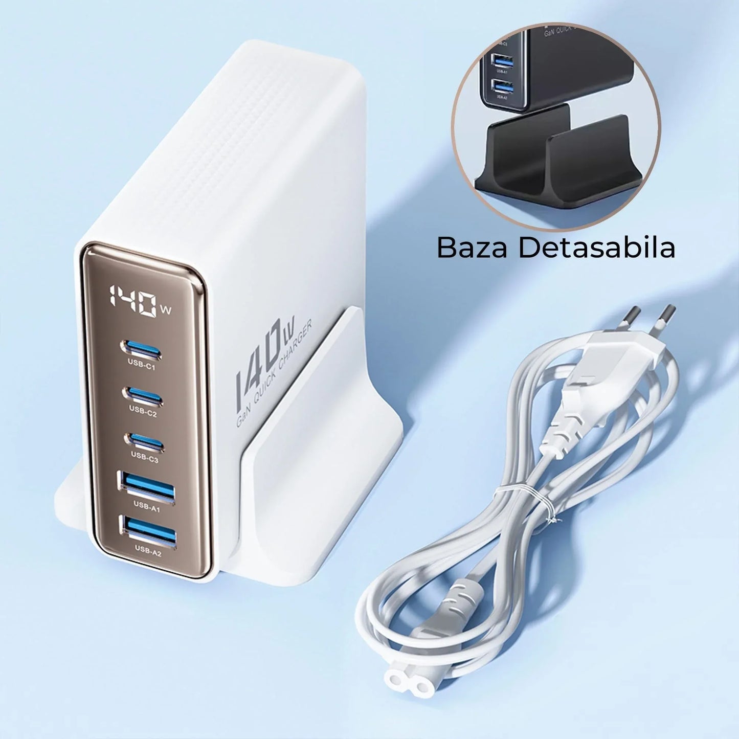Incarcator Retea Timebox, 5 Porturi, 140W, 3 x Type-C, 2 x USB, Auriu