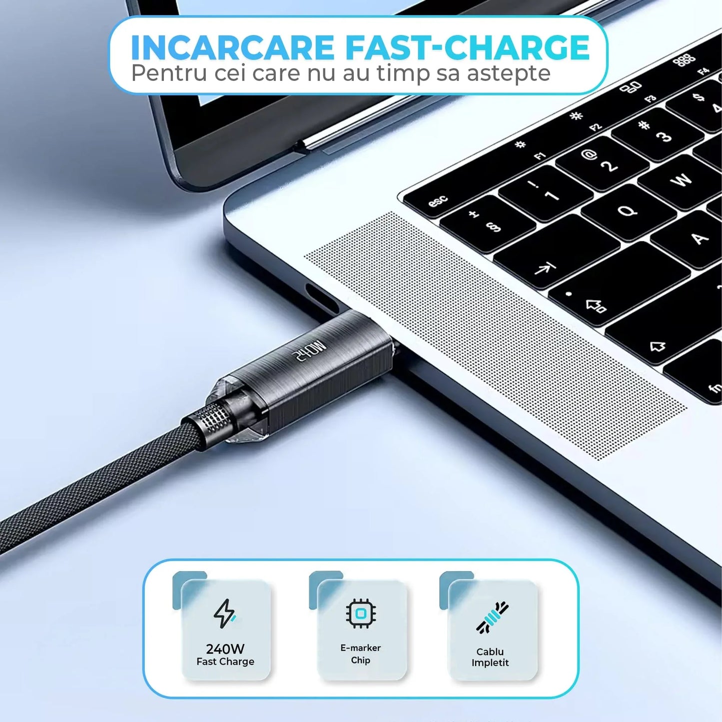 Cablu de Incarcare si Transfer de Date, Timebox, Super Fast-Charge 240W, 2m, Nylon, USB-C la Type-C, Negru - 221.ro