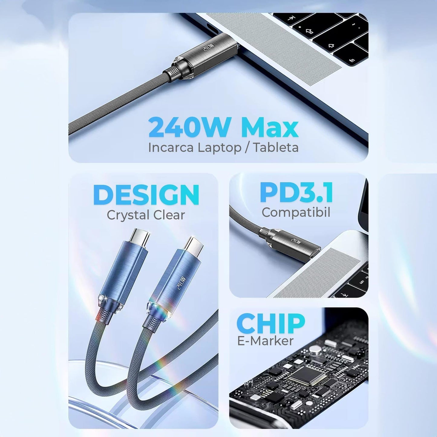 Cablu de Incarcare si Transfer de Date, Timebox, Super Fast-Charge 240W, 2m, Nylon, USB-C la Type-C, Negru - 221.ro